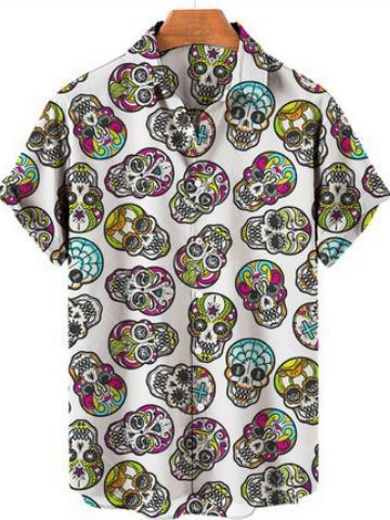 Camisa de Halloween de bala de cuatro lados de calavera digital de venta caliente para hombres con estampado transfronterizo de cuatro lados Halloween suelto casual