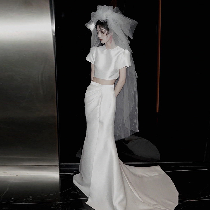 French style light wedding dress high-grade bridal niche wedding welcome yarn Mori Super fairy satin split dress