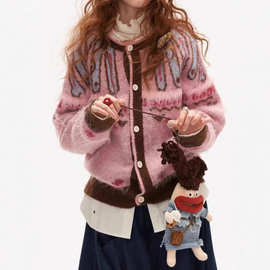 粉色费尔岛提花拼接毛衣外套女秋冬季宽松慵懒马海毛显瘦针织开衫