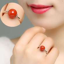 S925镀银戒指女镶嵌绿玉髓仿南红宝石转运开口指环时尚个性银饰品