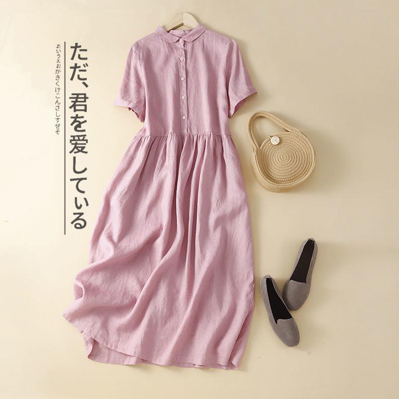 First-Line Counter Brand Pick-Up Tail Goods Cotton and Linen Short-Sleeved Dress Women's Summer Pure Color Casual Linen Pullover Shirt Dress