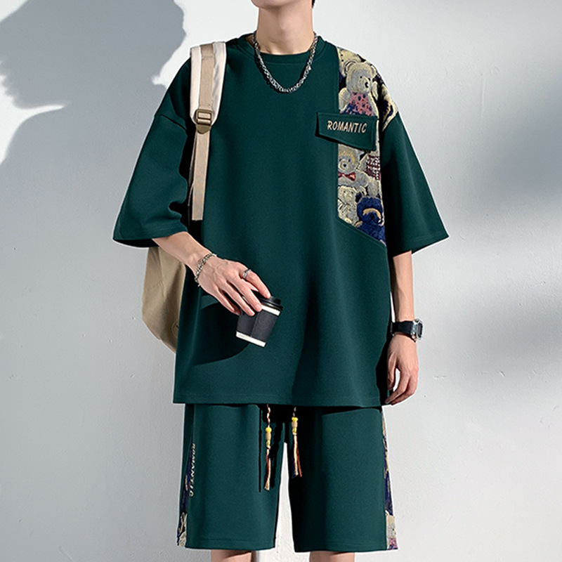 Ensemble short à manches courtes pour homme, style chinois tendance été, patchwork, coupe ample et amincissante, grandes tailles, sport décontracté_voghion.com