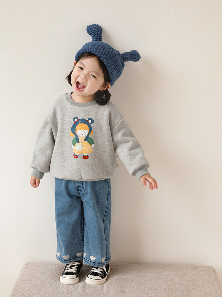Qiuduo cute girls' cartoon printed sweater autumn and winter new children's Korean style fleece-lined casual top baby clothes