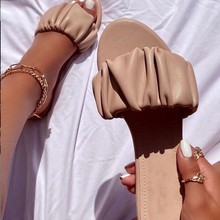 独立站速卖通2020夏季欧美平底大码仿皮褶皱女式凉鞋拖鞋sandals