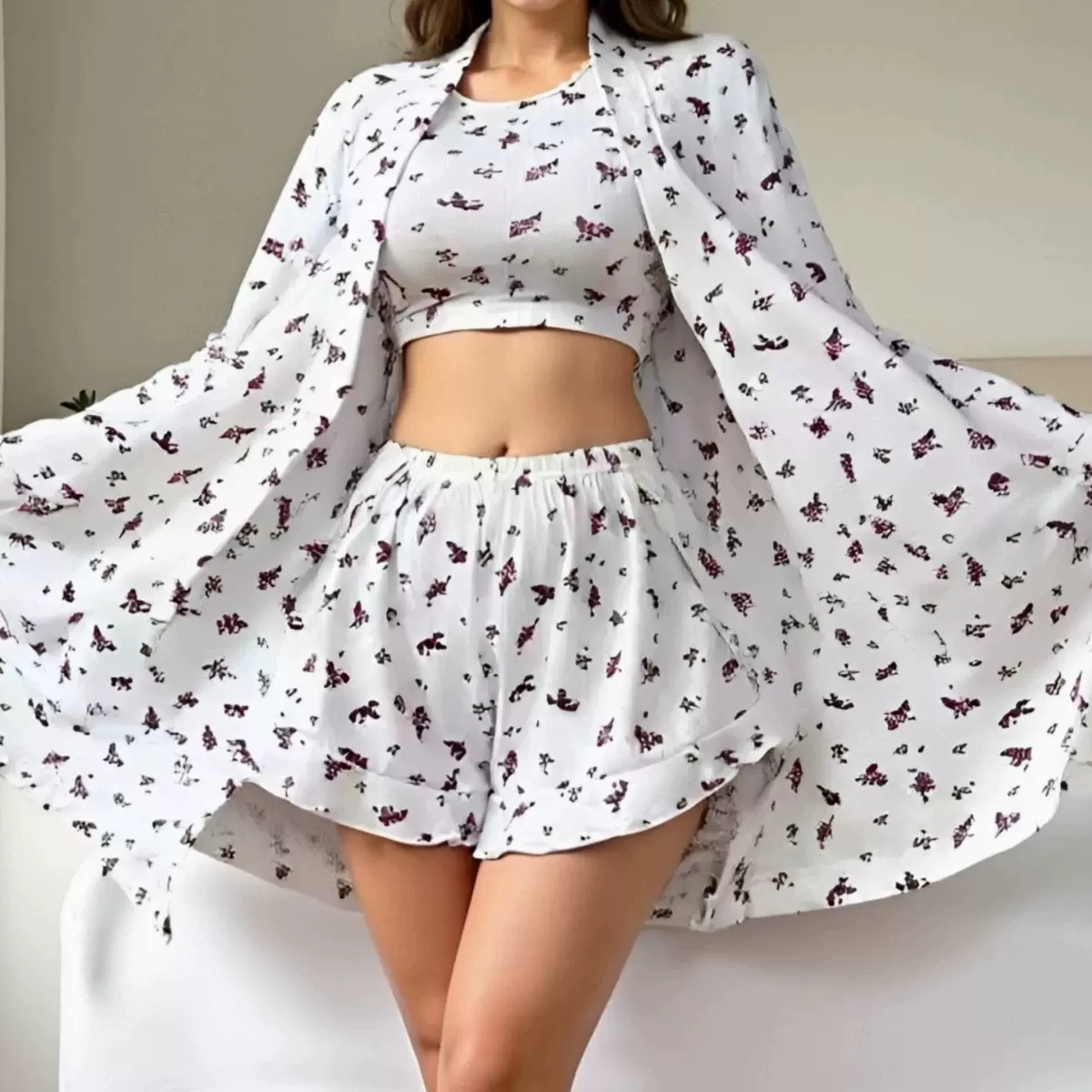 跨境欧美三件套新款针织印花开衫长袖短裤睡衣女宽松舒适家居服