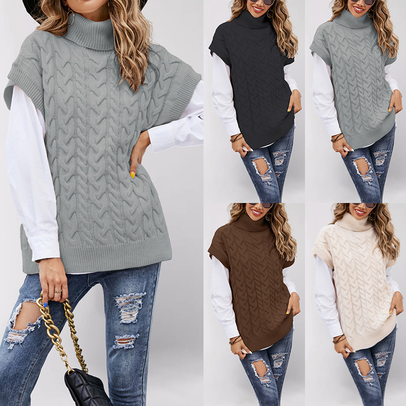 2026 Autumn and Winter Cross-Border Amazon Foreign Trade Fashion Sleeveless Rope Vest Knitted Loose Pullover Turtleneck Sweater for Women
