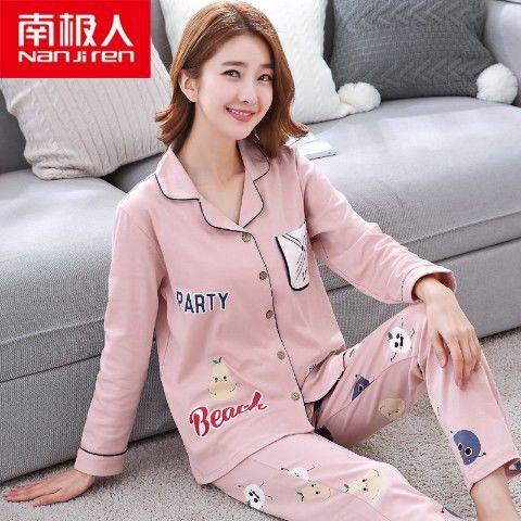 Pijamas de primavera y otoño de las mujeres más el tamaño % de algodón de manga larga traje de dos piezas Otoño e Invierno Delgado se puede usar fuera de casa