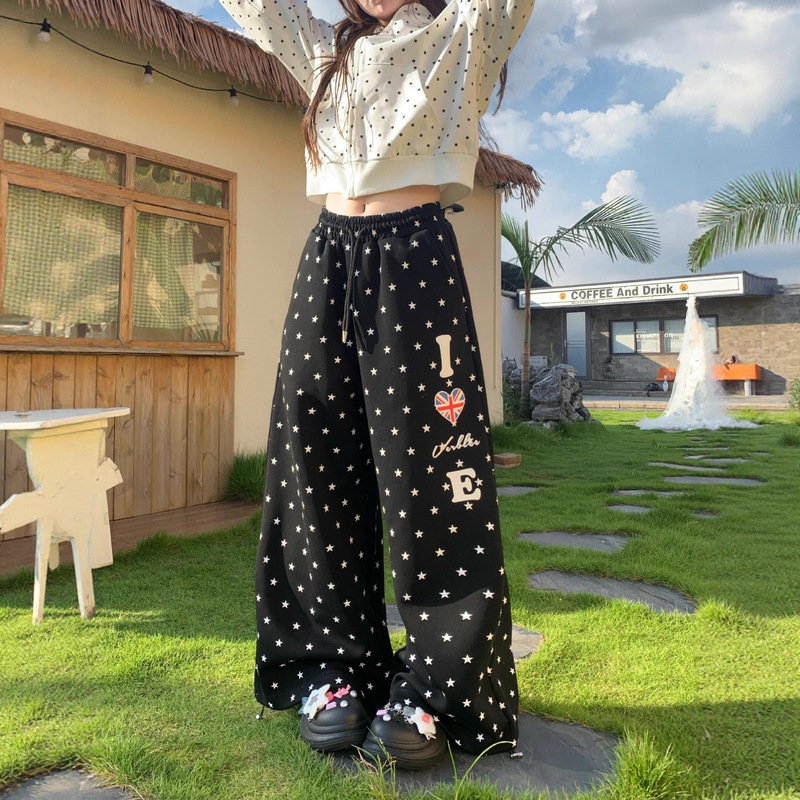 Cross-Border Foreign Trade American Retro Star Print Loose Wide-Leg Drawstring Casual Pants Amazon New Versatile Sweatpants
