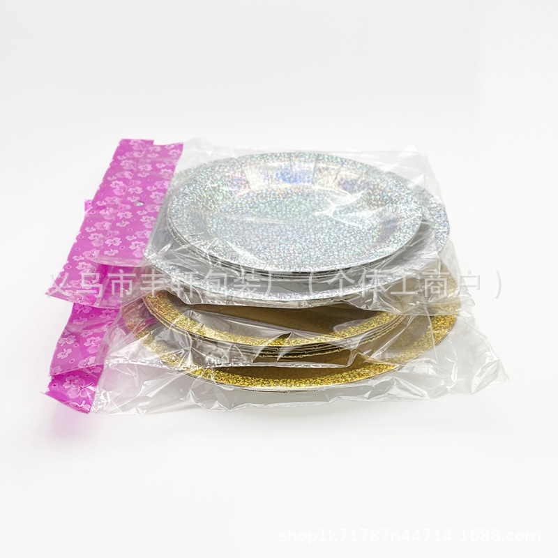 Dorado estampado cubiertos desechables tazas de papel bandejas de papel mantillas de mesa para la decoración de artículos de fiesta estampado oro