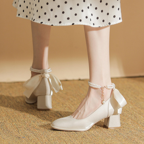 French wedding shoes for women  spring and summer new style ribbon bow fairy engagement two-wear thick heel non-tiring shoes