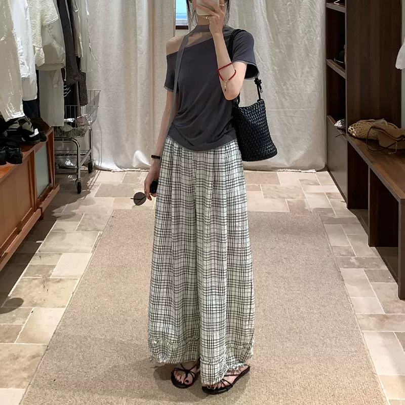 木耳边格子阔腿裤女夏季薄款2025新款复古高腰宽松休闲直筒山本裤