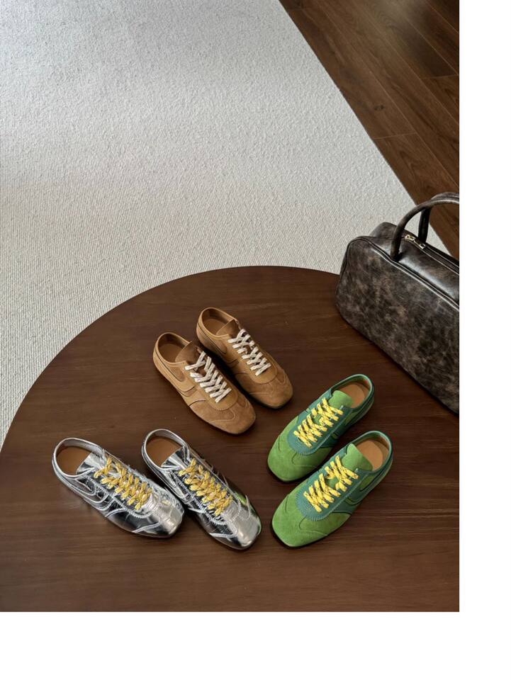 Giày sneaker nữ da thật cổ thấp dáng cổ điển buộc dây phối màu — Bạc, màu nâu, màu xanh lá cây, màu đỏ chi tiết 36