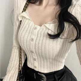 甜美方领蕾丝条纹针织衫女春秋新款温柔风慵懒感长袖上衣