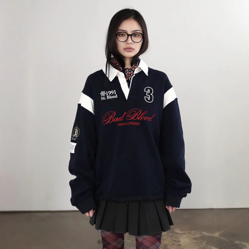 badblood Lapel Badge Contrast Color Sweatshirt Women's American New Loose Embroidered Stitching Loose Top Spring badblood Lapel Badge Contrast Color Sweatshirt Women's American New Loose Embroidered Stitching Loose Top Spring