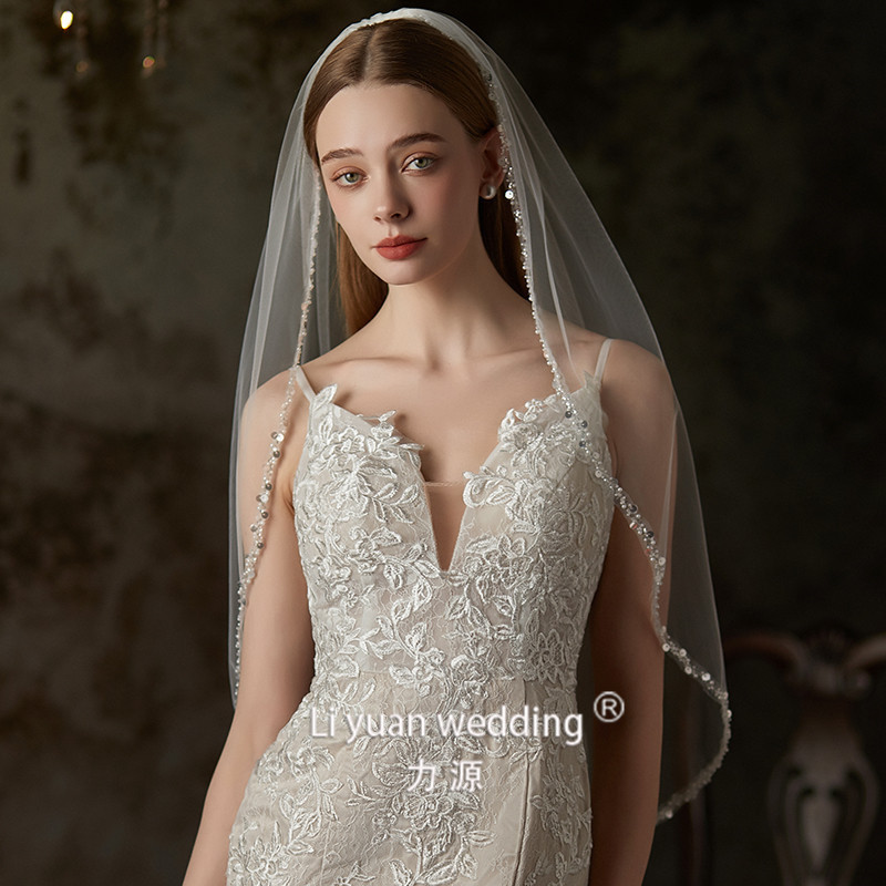 Cross-border handmade exquisite sewing beads metal hair comb veil long bride license travel photo wedding veil