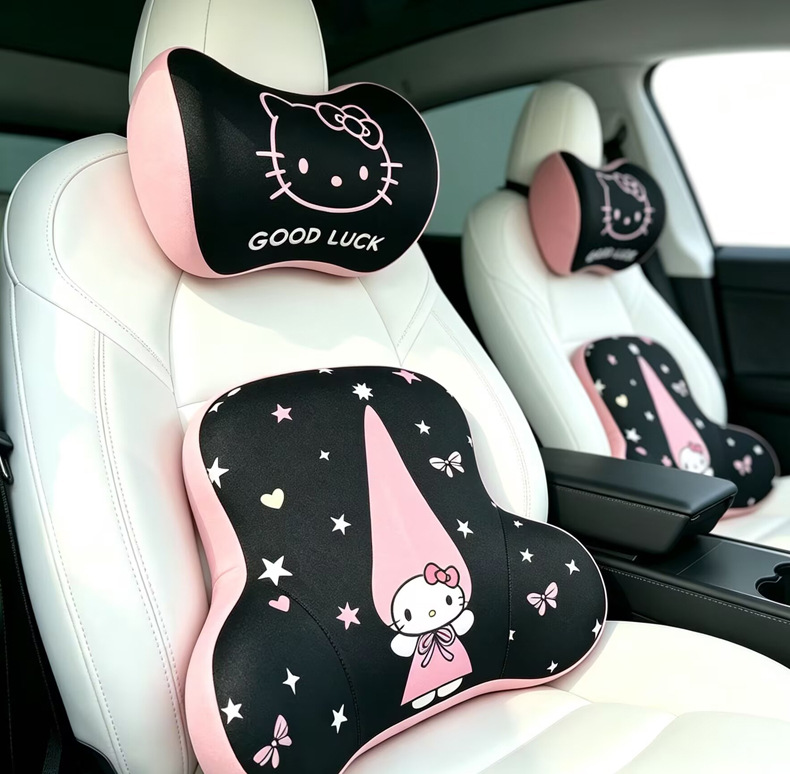 Car cushion headrest neck pillow, cute cartoon female car interior cushion, memory foam lumbar support pillow, waist cushion