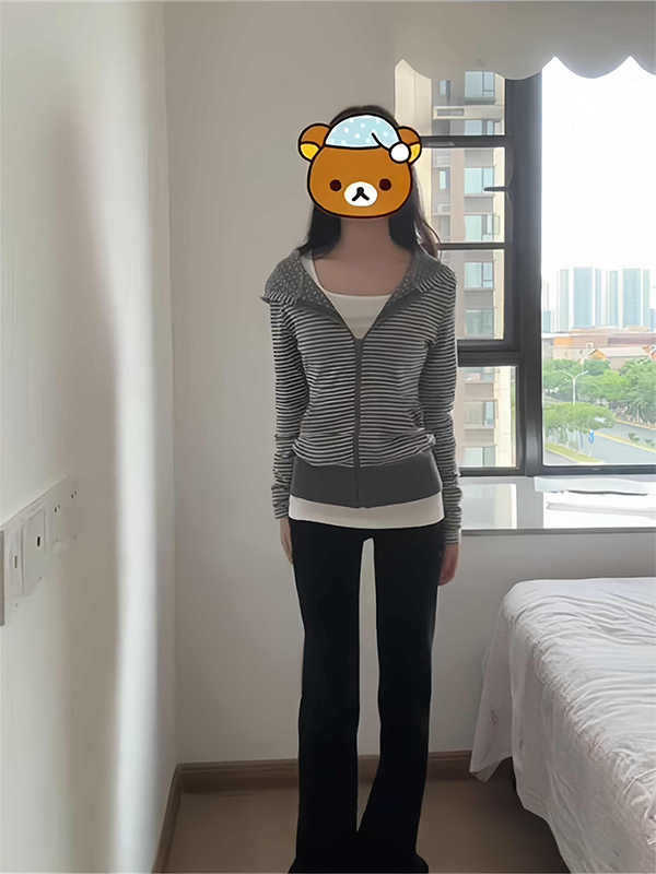 韩版女高原宿风条纹长袖开衫卫衣女设计感显瘦小个子气质百搭外套|undefined
