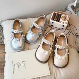 Girls' Lolita Lace Small Leather Shoes 2024 Spring and Autumn New Soft-soled Pearl Princess Shoes Big Children's Shoes Stylist