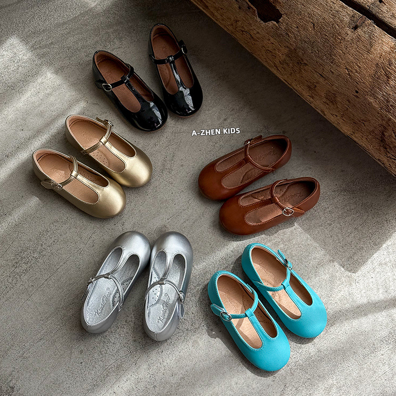 South Korea Niche Children's T-Shoes Spring and Summer Girls Retro Princess Shoes Solid Color Flat Shoes for Little Girls
