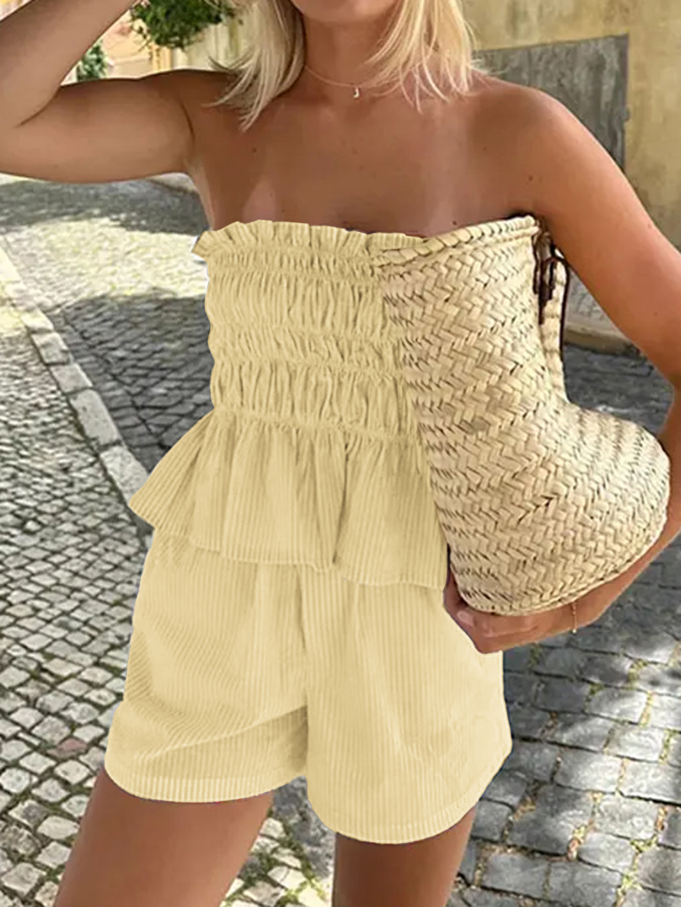 200g Weight Sleeveless Sleeve Length Polyester, Viscose fiber Fabric Type Shorts Co-ord Set Sets Type 2 Pieces Set Quantity Daily Occasion Strapless Neckline Slim Fit Type Stripe Pattern Summer Season Women's Gender Casual Style Daily Women's Casual Stripe Polyester Viscose Fiber Shorts Co-ord Set Shorts Sets 4