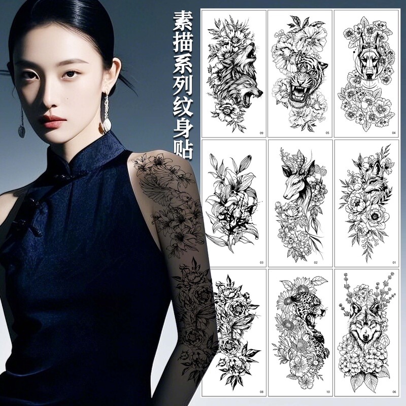 Ins-Style Dark Animal Floral Arm Tattoo Stickers, Realistic Large Pattern Hammer Deer Head Floral Set Tattoo Stickers Custom-Made Ins-Style Dark Animal Floral Arm Tattoo Stickers, Realistic Large Pattern Hammer Deer Head Floral Set Tattoo Stickers Custom-Made