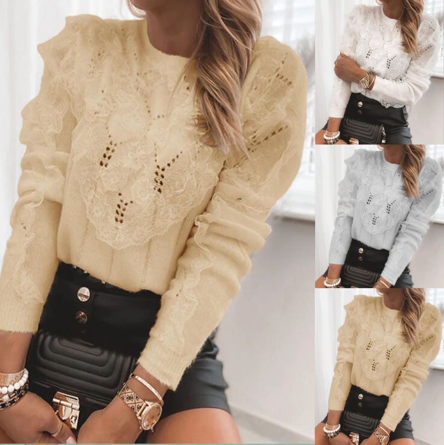 Damen Strickpullover Mit Spitzenbesatz Für Den Herbst_voghion.com