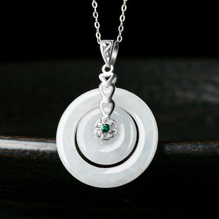 S925 Silver Inlaid Natural Burmese Jade Buckle Pendant Ice Jade Pendant Women's Necklace