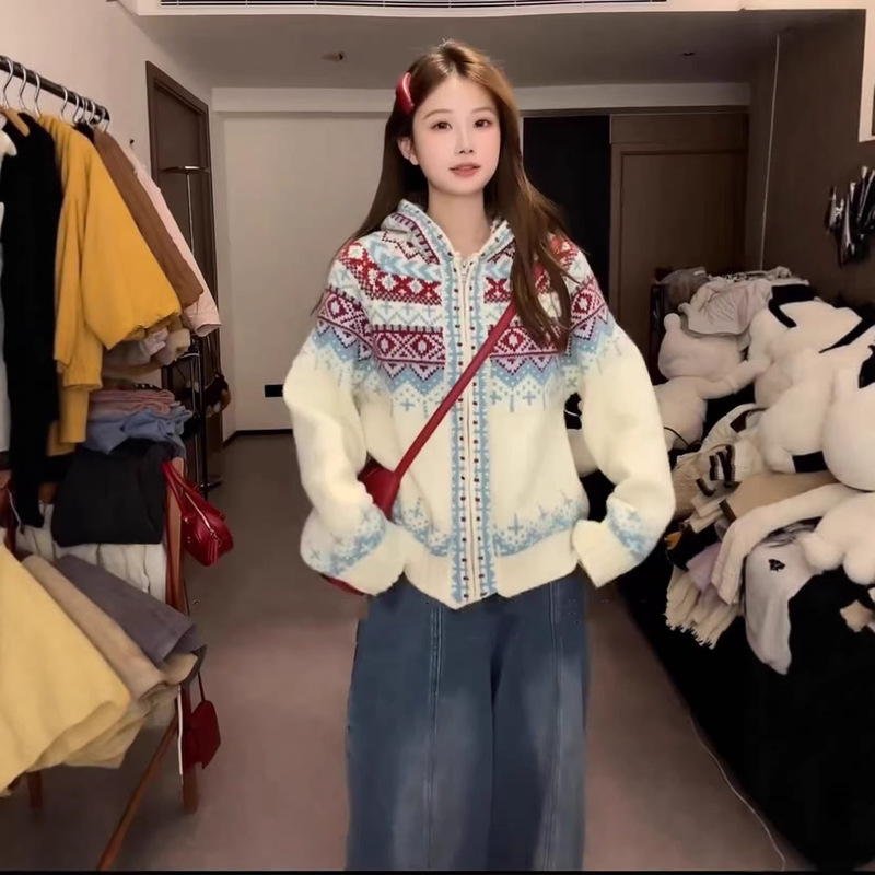 Cotton Cashmere Christmas Outfit Fair Isle Sweater Women's Winter Thick Sweater Coat Knitted Cardigan Hooded Knit Top Cotton Cashmere Christmas Outfit Fair Isle Sweater Women's Winter Thick Sweater Coat Knitted Cardigan Hooded Knit Top