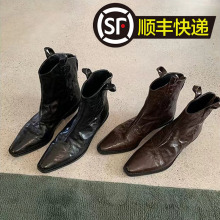 牛皮版~葡萄妈真皮复古尖头V口短靴女粗跟显瘦西部牛仔靴子马丁靴