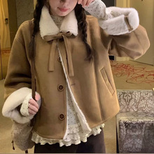 棕色麂皮绒外套女短款冬季新款高级洋气羊羔毛皮毛一体毛绒上衣女