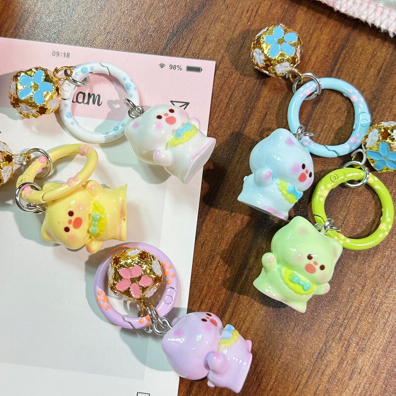 立体的な挨拶ぽっちゃり猫キーホルダーカラフルな花の鐘かわいい甘いスクールバッグ女の子キーホルダー|undefined