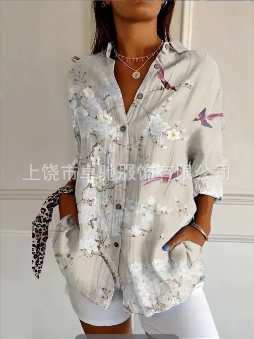 新款2025女士长款衬衫女夏季欧美潮流长袖衬衫印花图案印花3D衬衫|undefined
