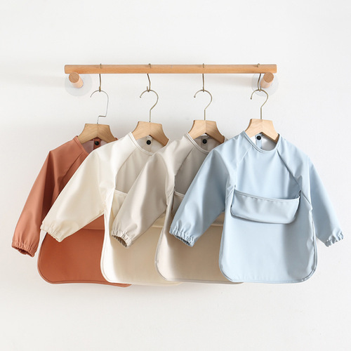 Danish children's long-sleeved PU reverse clothing baby eating clothes bib super soft waterproof solid color rice pocket anti-dirty feeding clothes