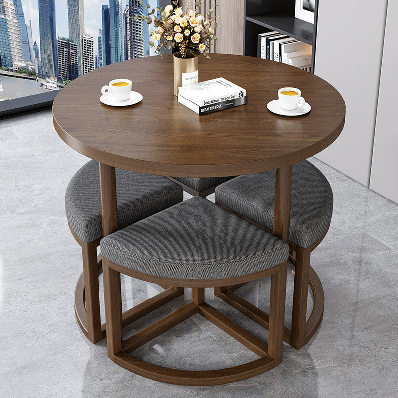 Taburete de tela gris oscuro + mesa de nuez