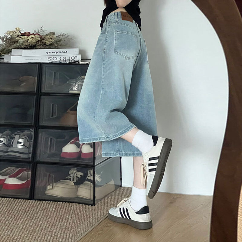 Washed Light-Colored Cropped Denim Shorts for Women, Summer New Loose High-Waisted Straight Versatile Slimming Wide-Leg Mid-Length Pants