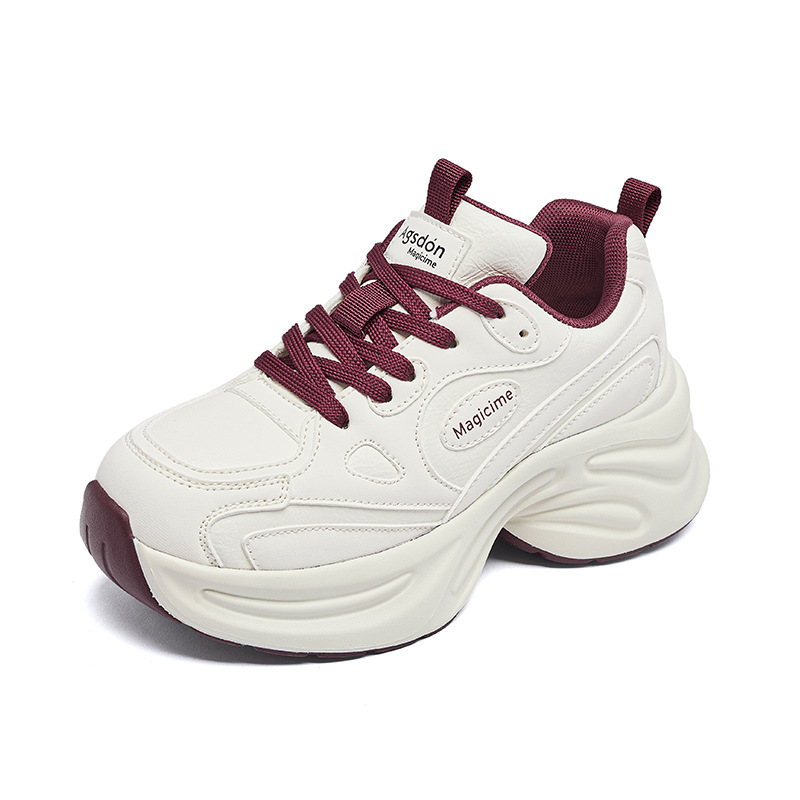 Augu Shi Deng zapatos de base gruesa para padres y mujeres 2025, nuevos zapatos de cuero de primavera y otoño pequeños zapatos deportivos blancos para estudiantes zapatos de carrera casuales