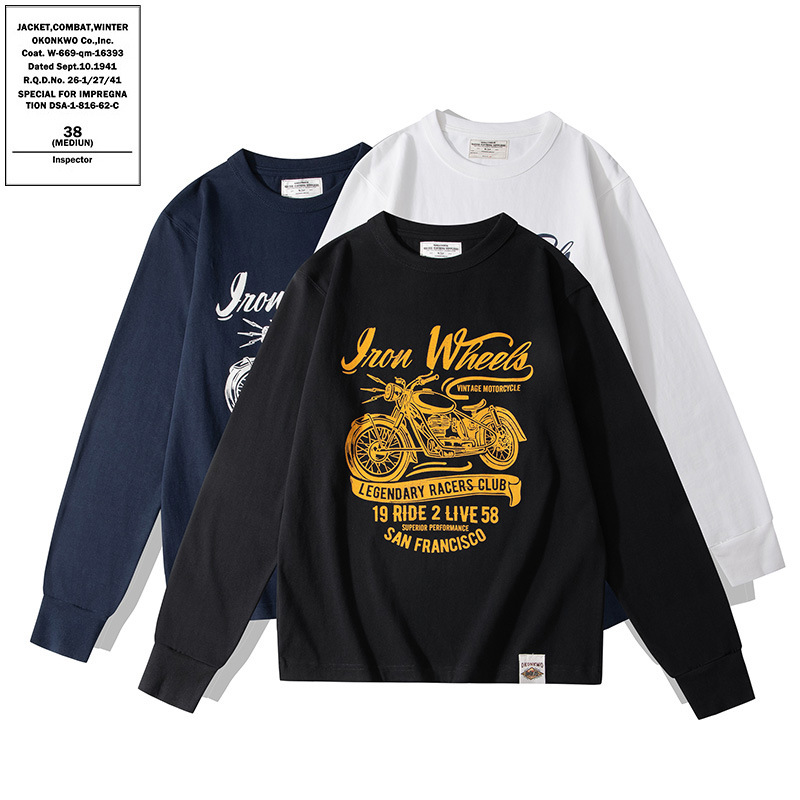 OKONKWO pesado 280g nacional de la moda de la motocicleta de la letra impresa Camiseta Americana retro Camiseta de manga larga TEE