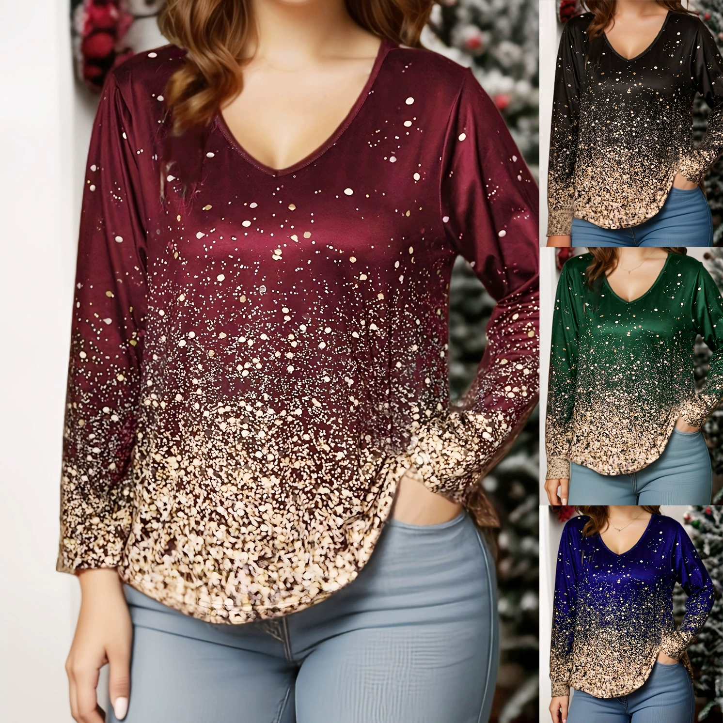 2024 осень и зима Европа, Европа, США, внешняя торговля Amazon temu независимая станция с V-образным вырезом плюс размер женская футболка с длинными рукавами