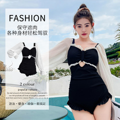 Women's vacation swimsuit for swimming and hot springs—belly-covering, figure-flattering, fashionable, sexy, slim-fit one-piece swimsuit with long sleeves.