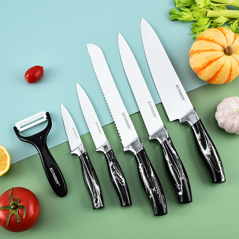 Cuchillos de acero inoxidable al por mayor, juegos de cuchillos de chef para el hogar, utensilios de cocina de seis piezas resistentes a la oxidación para la cocina en stock