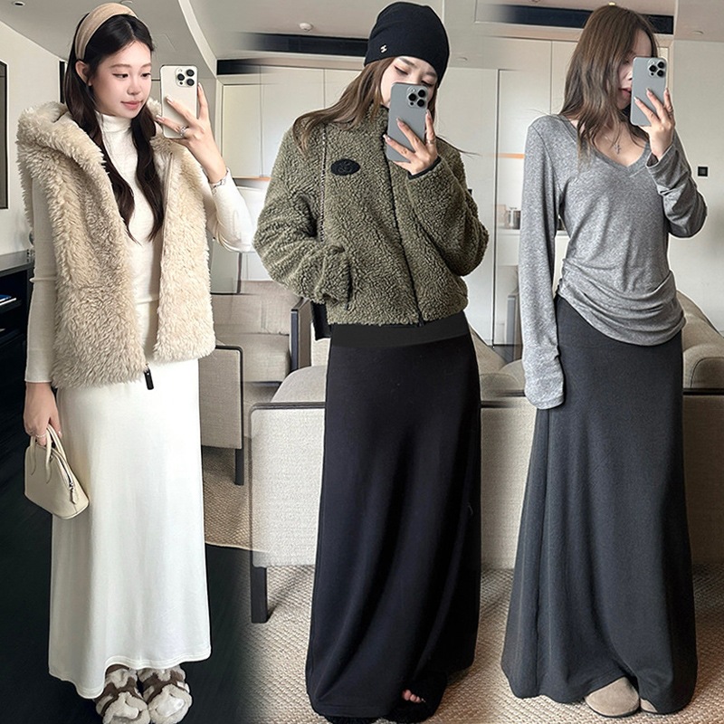 Maternity skirt for autumn and winter, new high-waisted A-line long skirt, loose and slimming, covers the belly without constricting it, suitable for wearing outside, knitted skirt
