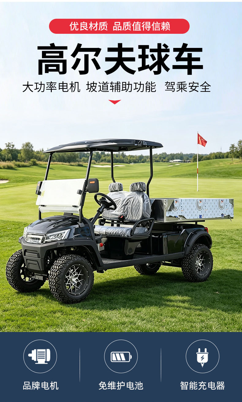 Electric golf cart with cargo box, dual-purpose for scenic sightseeing and cargo transport, 2-seater freight golf cart