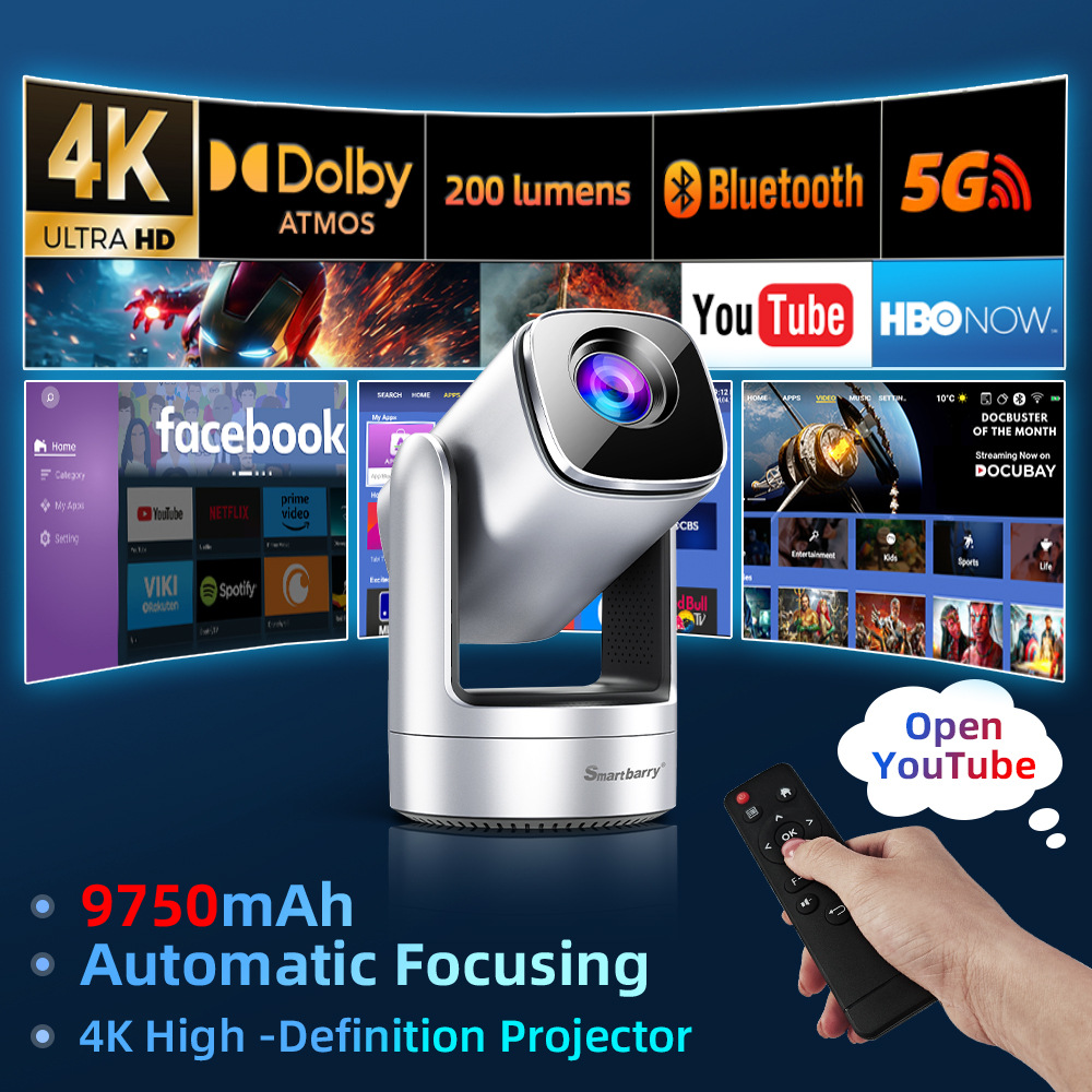 Sınır Ötesi 4K Açık Hava Projektörü Yerleşik Pil WiFi HD Android Akıllı Projector