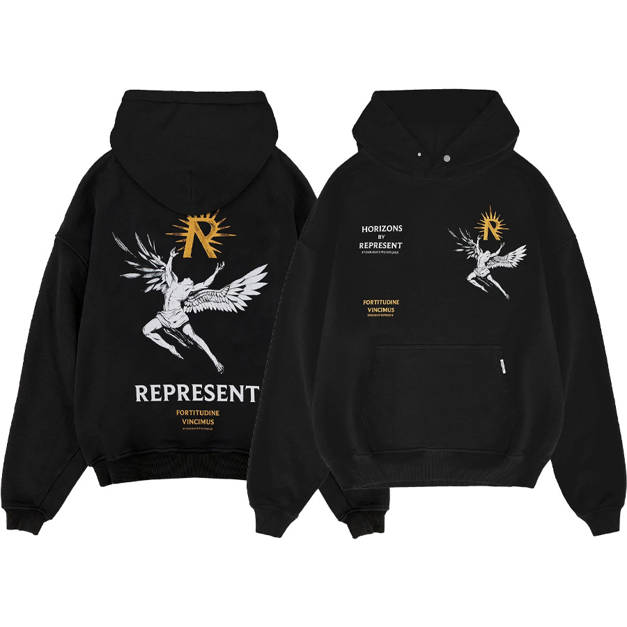 REPRESENT otoño e invierno nuevo estilo letra cursiva lema estampado calle alta casual negro suéter con capucha para hombres y mujeres