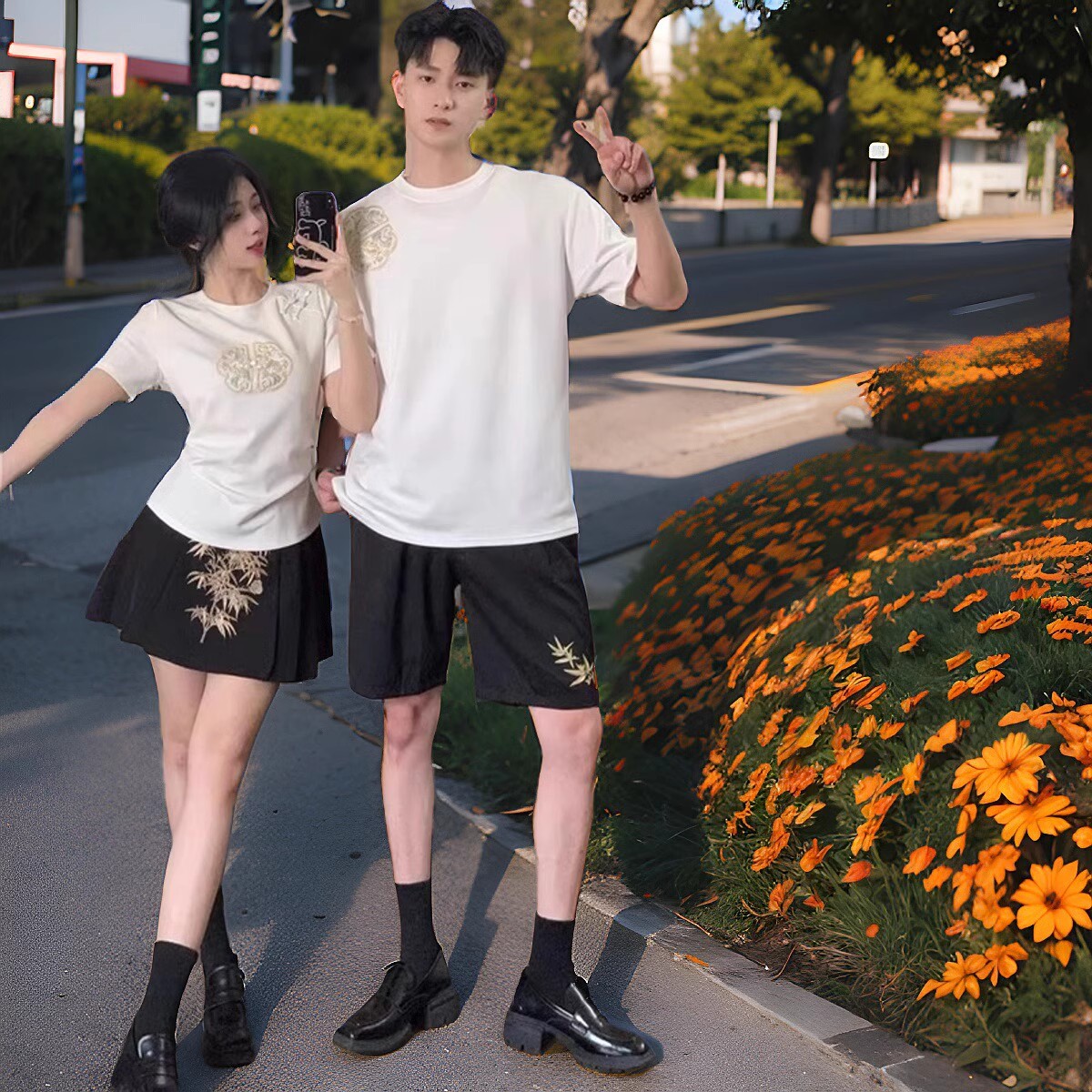 중국 커플 세트 여름 원피스 반팔 티셔츠 국가 스타일 틈새 디자인 2024 새로운 하이 엔드 세트