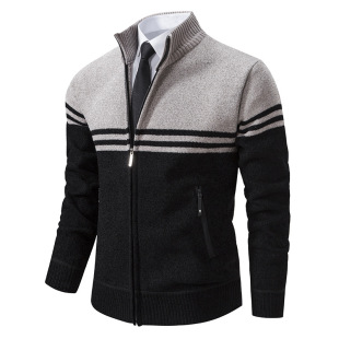 2023 autumn and winter foreign trade new men's stand collar sweater jacket fashion men's casual loose color matching sweater