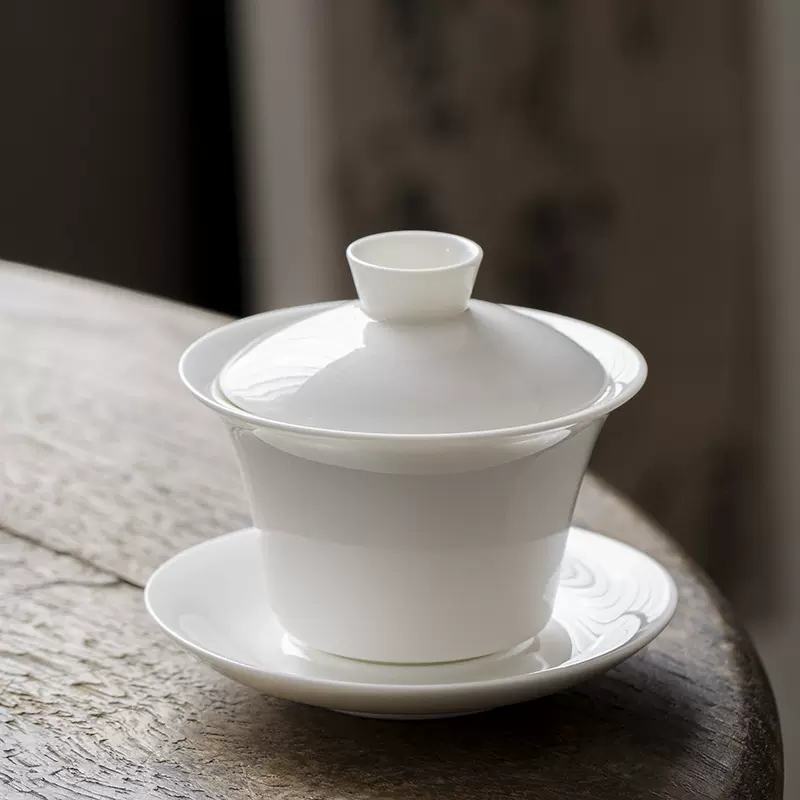 德化白瓷三才盖碗茶具羊脂玉白瓷可悬停盖杯茶碗泡茶杯带托定logo