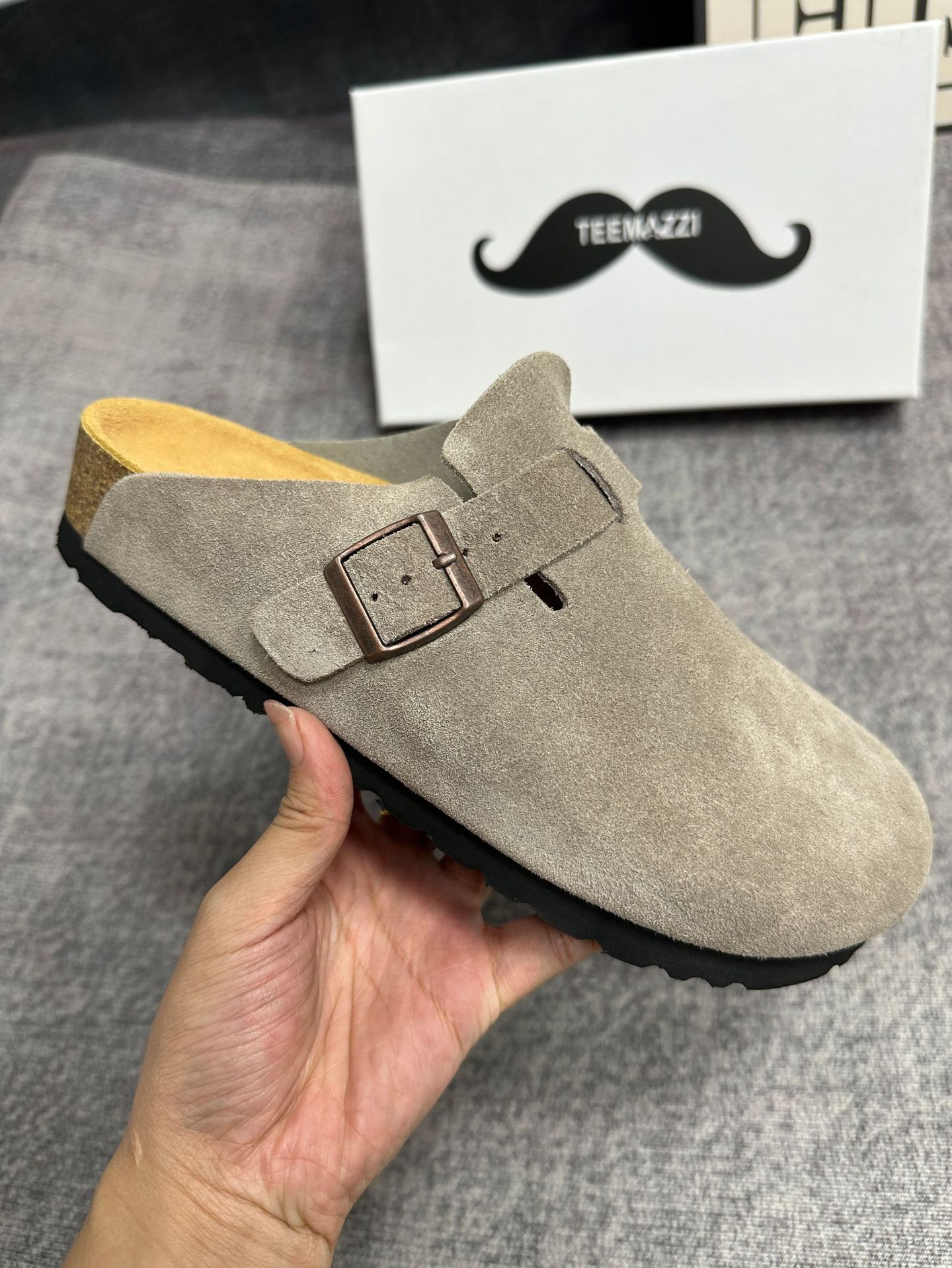 TEEMAZZI ganado de vello con zapatillas de cuero perezosas, zapatillas de moda versátiles con base de corcho Bocken image 10