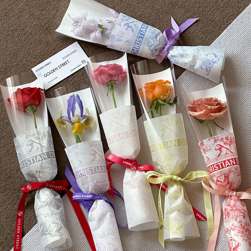 印花单支鲜花套袋防水花束袋花店花艺资材摆摊卖花