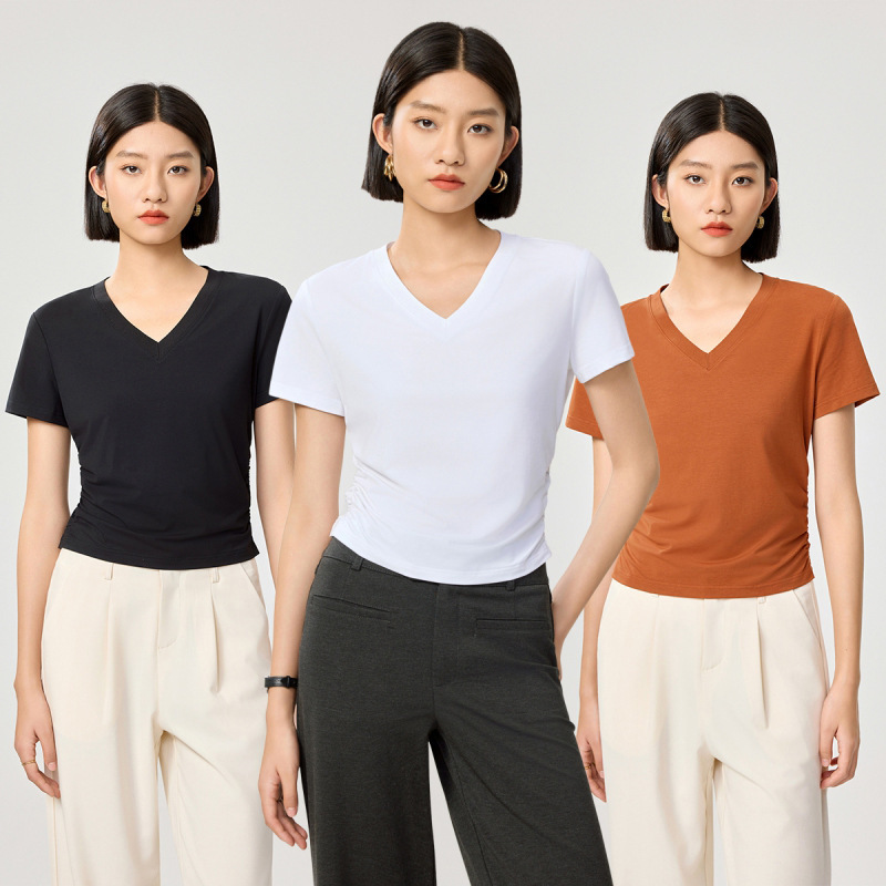 Spring and Summer New Solid Color V-Neck Sports T-Shirt for Women, Short-Sleeved, Breathable, Fashionable, Slim-Fit, Versatile, Pure Cotton Top Spring and Summer New Solid Color V-Neck Sports T-Shirt for Women, Short-Sleeved, Breathable, Fashionable, Slim-Fit, Versatile, Pure Cotton Top